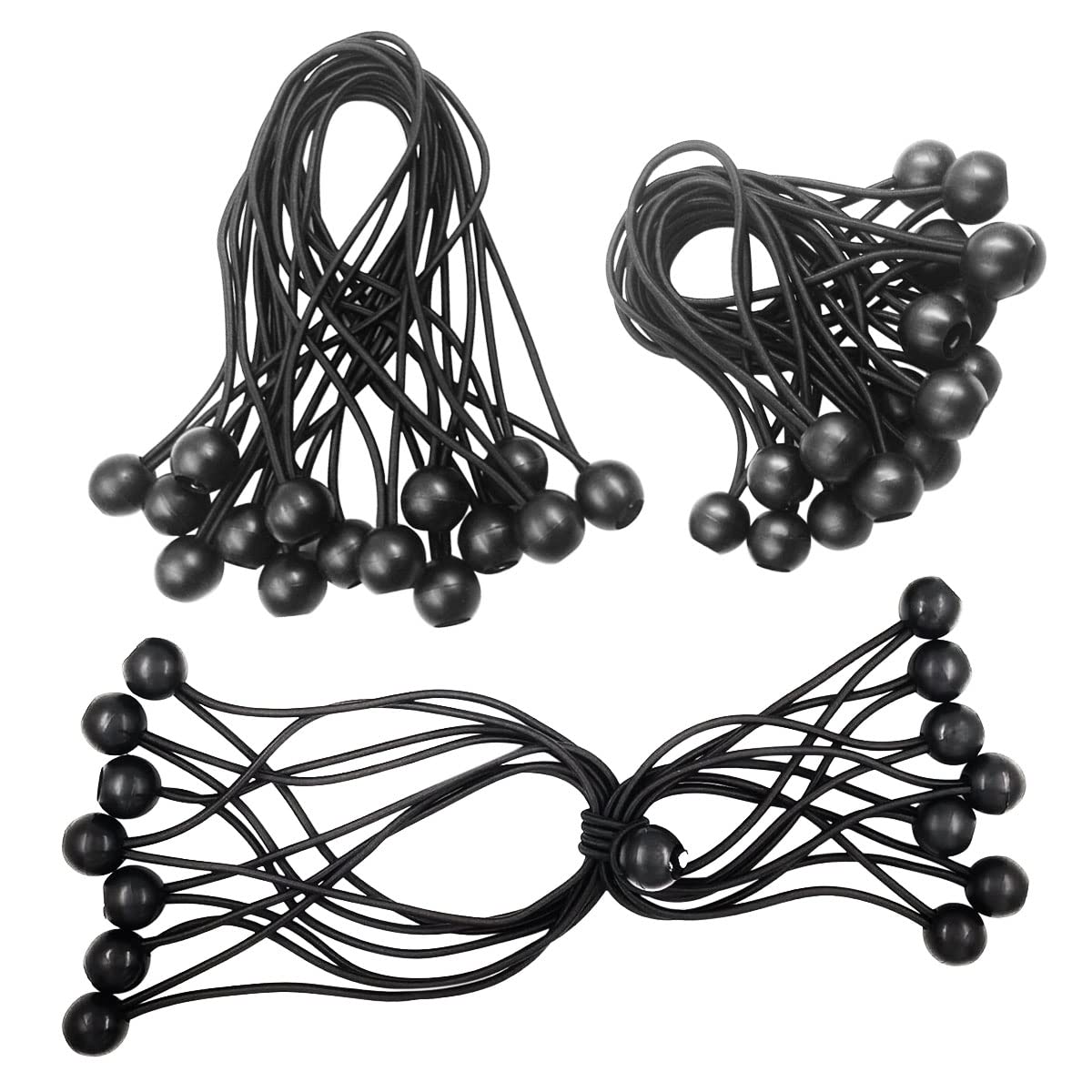 Ball Bungee, Tent Rubbers, Bungee Tensioners with Ball, Pack of 30 Tarpaulin Straps with Ball, Rubber Tensioners for Banners, Tents, Elastic, Expander Loops, Black, 15 cm + 20 cm