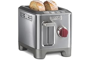 Wolf Gourmet 2-Slice Extra-Wide Slot Toaster with Shade Selector, Bagel and Defrost Settings, Red Knob, Stainless Steel (WGTR152S)