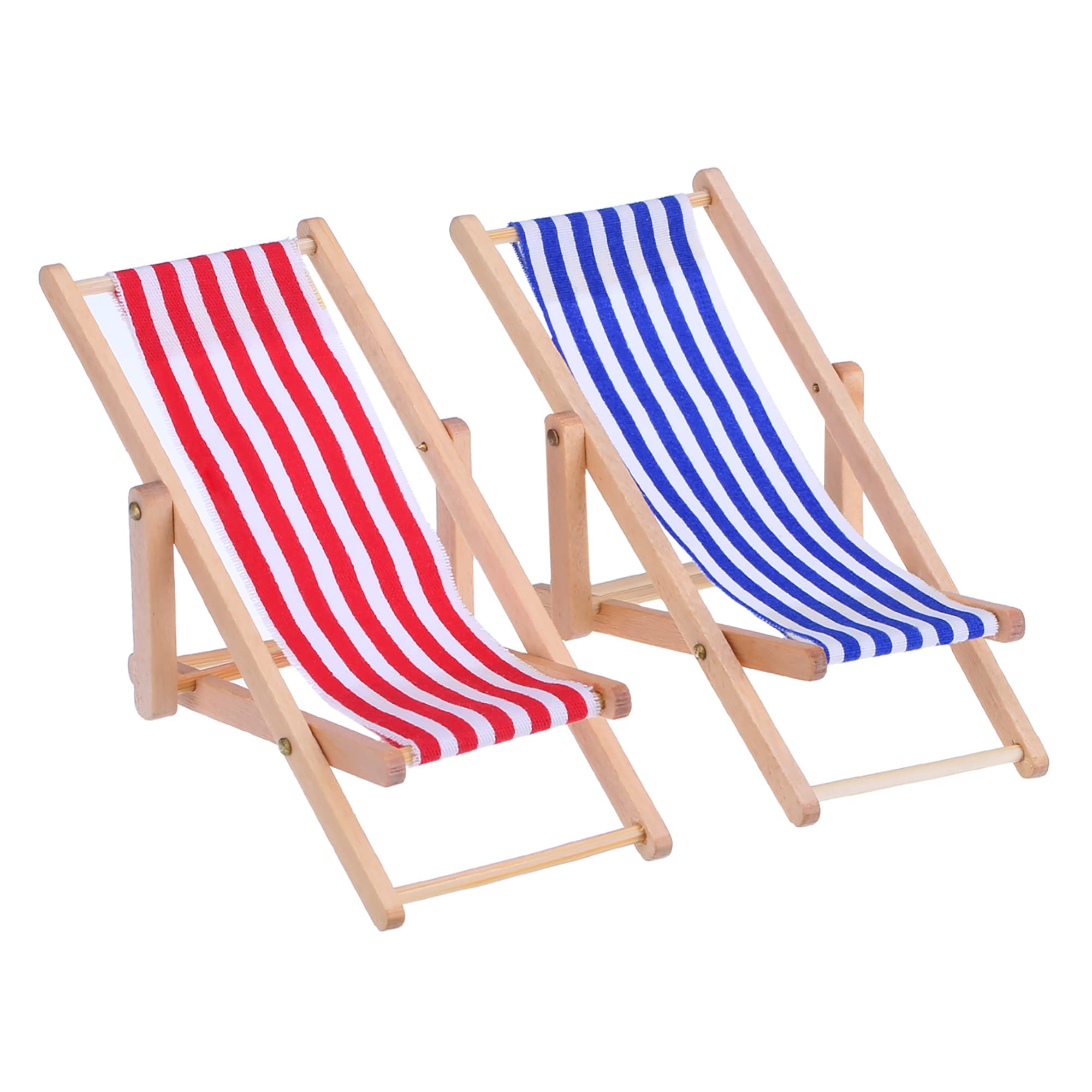 2 Pieces 1:12 Miniature Deck Chair, Mini Foldable Wooden Beach Chair, Chaise Longue Deck Chairs Mini Furniture Accessories with Red/blue Stripe for Dollhouse, Birthday Cake Decoration, Indoor Outdoor