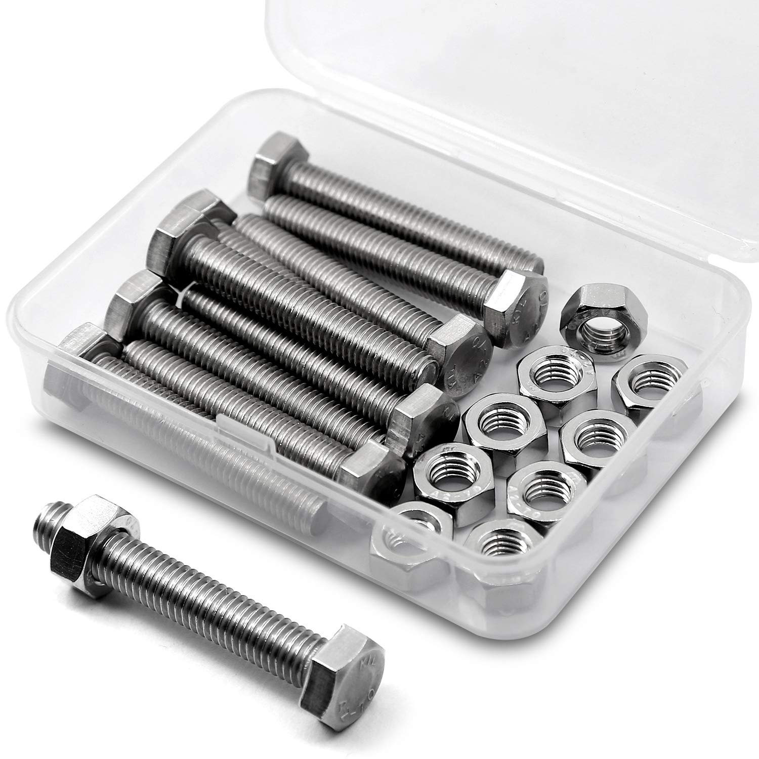 M8 x 40mm 10PCS Hex Head Screws Bolts and Nuts Set, 304 Stainless Steel 18-8, Full Thread, Bright Finish, Machine Thread