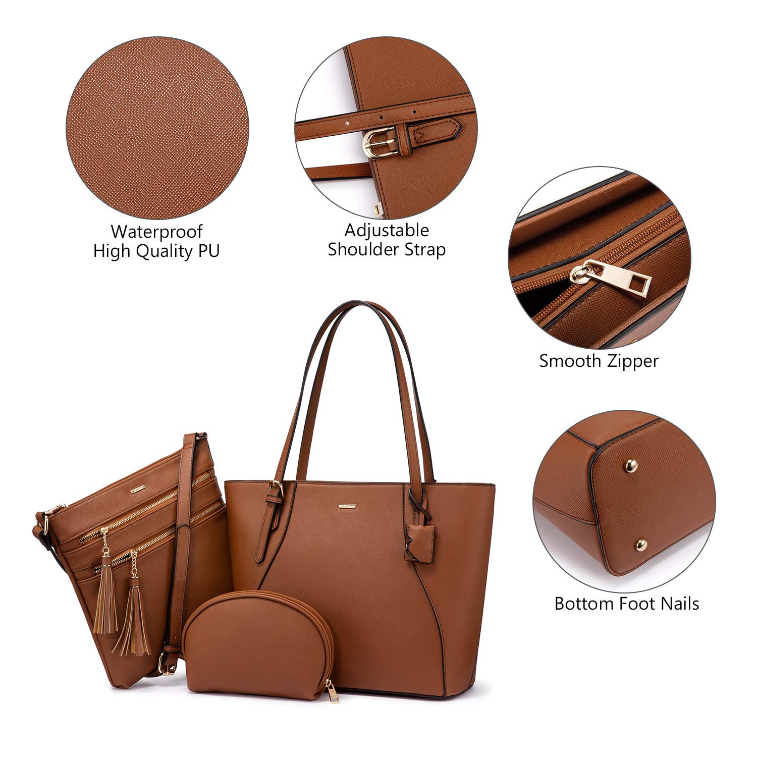 LOVEVOOK Handtaschen Damen Set, Tasche für Damen Umhängetasche Schultertasche Geldbörse Clutches Shopper Henkeltasche Tote Bag Tasche 3PCS PU Leder Braun