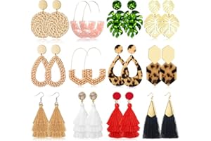 QYCX 12Pcs Women Earrings Rattan Earrings Hoop Earring Boho Earring Tropical Tassel Woven Earring Handmade Straw Hoop Drop Da