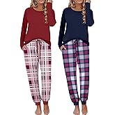 Ekouaer 2 Pack Womens Pajamas Set Long Sleeve Sleepwear Top and Jogger Pants Lounge Sets Cozy Pjs Loungewear S-XXL