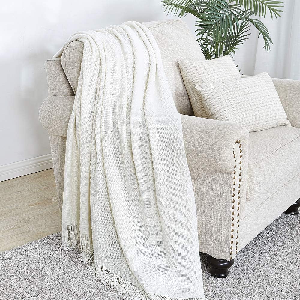Bourina Throw Blanket Textured Solid Soft for Sofa Couch Decorative Knitted Blanket, 50" x 60",Off White: Home & Kitchen