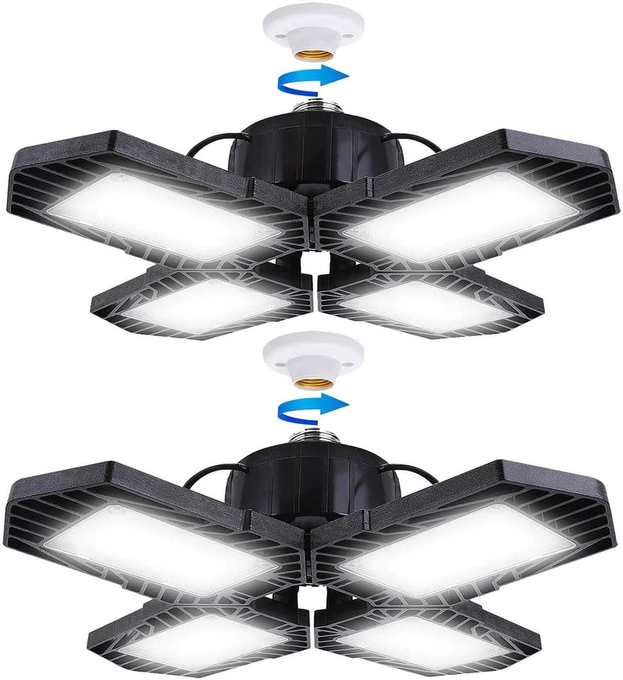 LED Garage Lights, 2 Pack 60W E26 Screw in 6000LM Deformable Led Garage Lights 6500K, 110V LED Basement Lights Tribright Led Adjustable Light Full Area for Garage Warehouse Workshop Shop (2-Pack) - - 