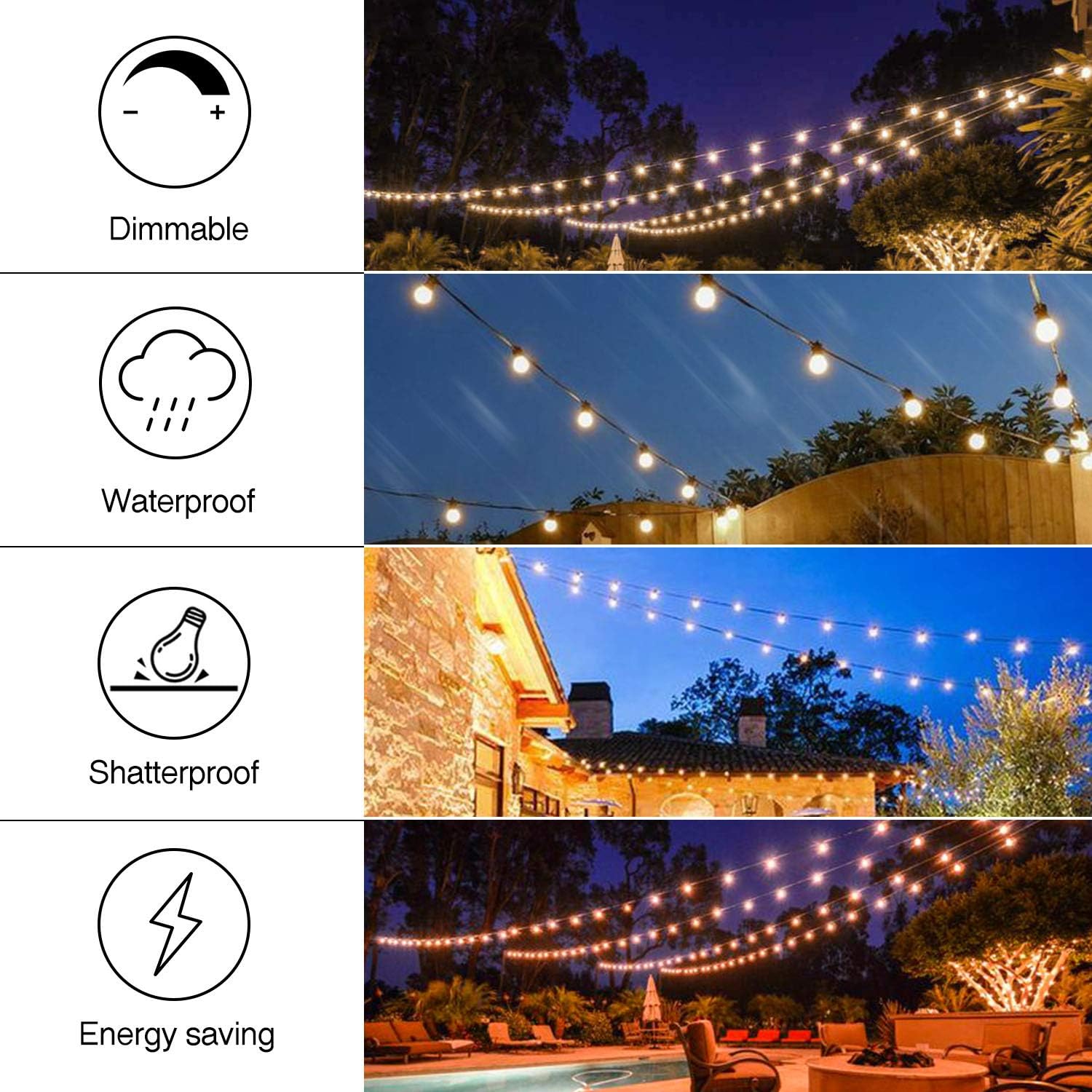 Banord 51FT Outdoor Shatterproof LED String Lights, Waterproof 17 Hanging Sockets with 18 x Dimmable LED Bulb Garden Light String, Waterproof Vintage Patio Lights for Wedding Party : Garden & Outdoor
