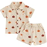 KtwHarnu Toddler Baby Boy Halloween Outfit Pumpkin Cotton Linen Button Down Short Sleeve Shirt and Shorts 2 Piece Clothes Set
