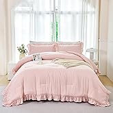 ANGIYUIN Blush Pink Comforter Sets Twin Size 5 Pieces Ruffle Bed in A Bag Farmhouse Bedding Sets Solid Color Soft Fluffy Bed Sets for Kids Girls(Blush Pink Twin)