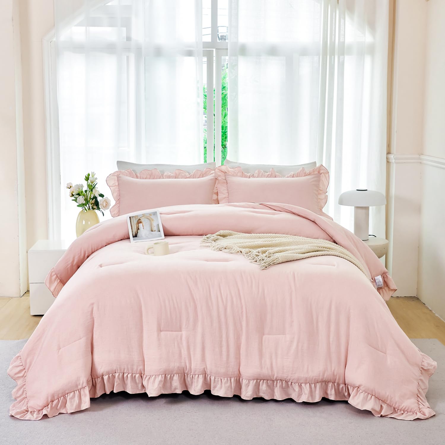 Photo 1 of ANGIYUIN Blush Pink Comforter Sets Twin Size 5 Pieces Ruffle Bed in A Bag Farmhouse Bedding Sets Solid Color Soft Fluffy Bed Sets for Kids Girls?Blush Pink Twin?