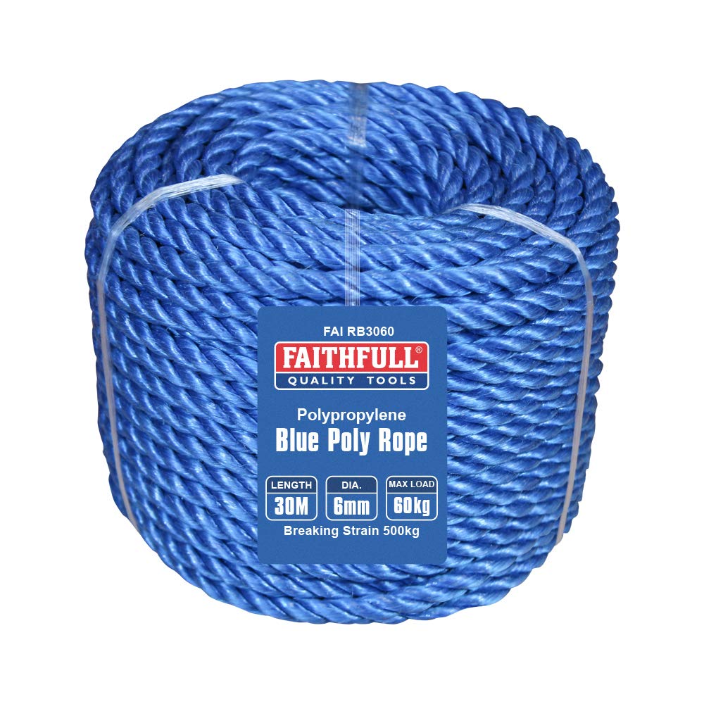 Faithfull Blue Poly Rope Coil - 6mm Dia x 30 Meters, Max Load 60kg, Breaking Strain 500kg