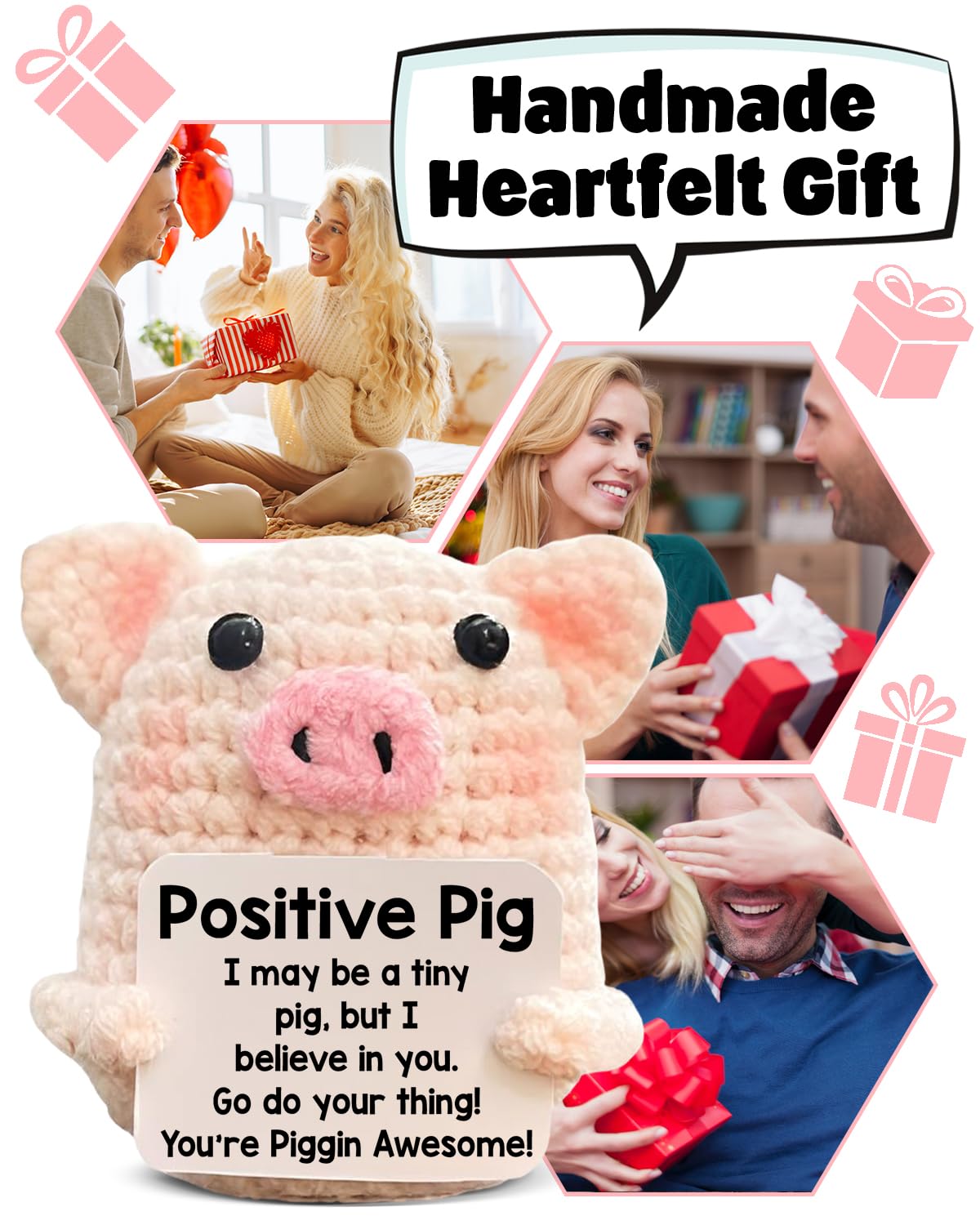 Funny Positive Crochet Pig Gifts for Women Friends Female, Pink Mini Handmade Emotional Support Plush Pig Decor, Cute Mothers Day Birthday Gifts