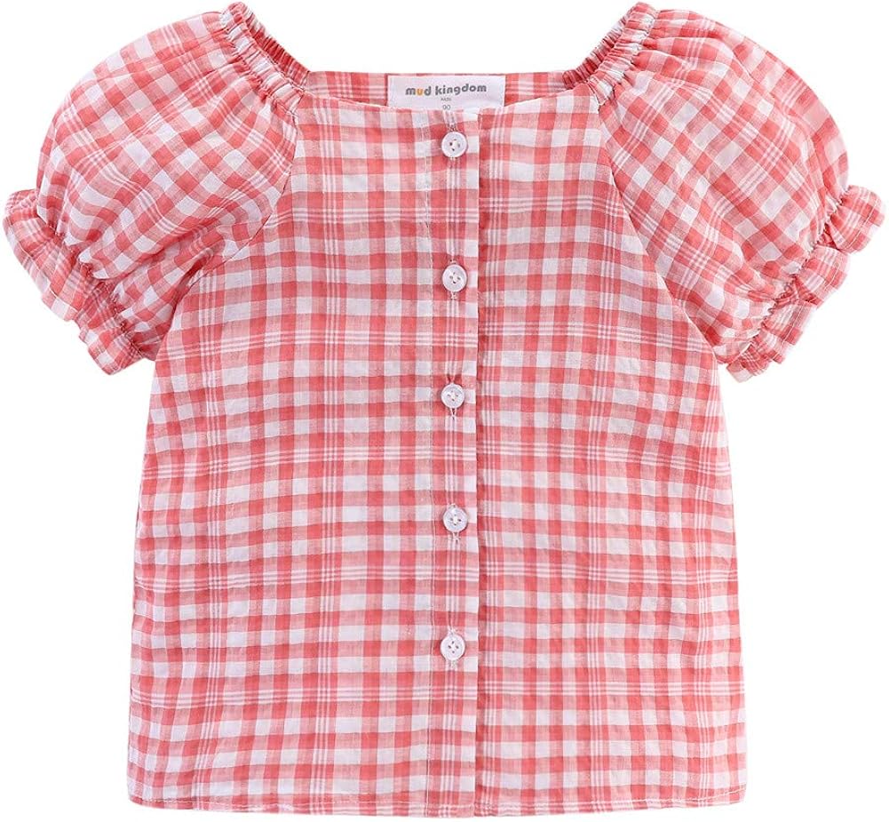 Mud Kingdom Little Girls Blouse Plaid Puff Sleeve Button Down Summer Holiday: Clothing