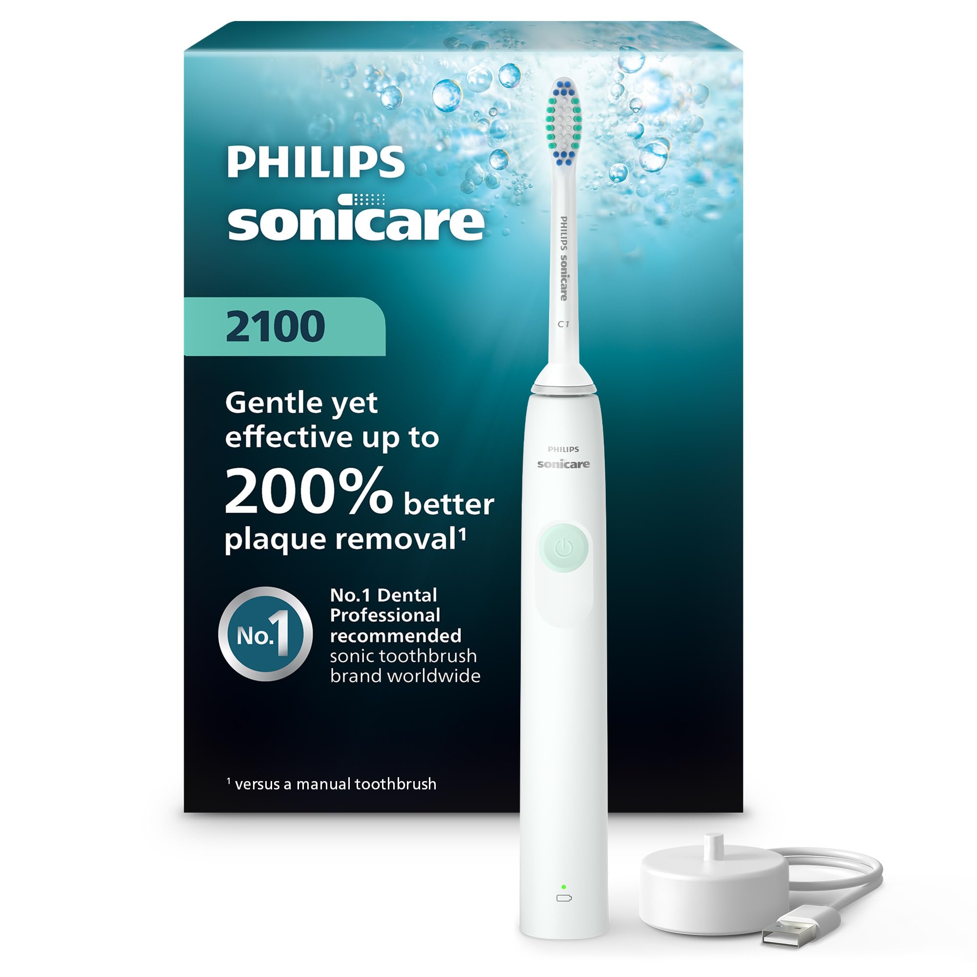 Photo 1 of Philips Sonicare 2100 Series Electric Toothbrush - Sonic Toothbrush with Advanced Sonic Technology, Two Intensity Settings, Smartimer & Quadpacer, White, Model HX3661/04