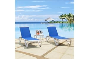 DOMI OUTDOOR LIVING Domi Outdoor Chaise Lounges, Adjustable Aluminum Patio Lounges, Plastic Pool Lounge Chairs for Deck Lawn Backyard(2 Blue Lounges W/Table)