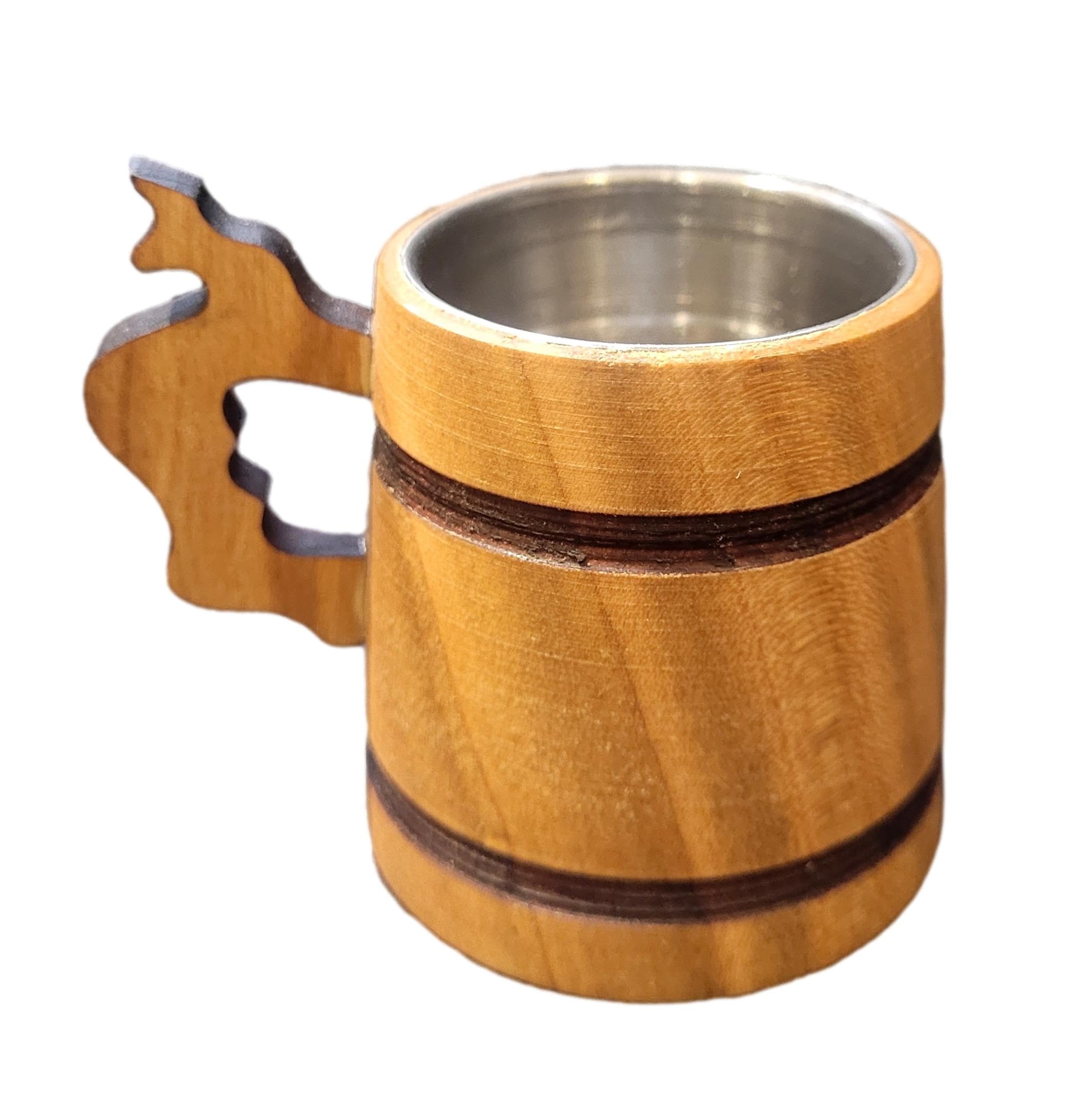 Wooden World - Premium Wooden Alcohol Shot Glass with Metal Insert - Light Brown with Handle