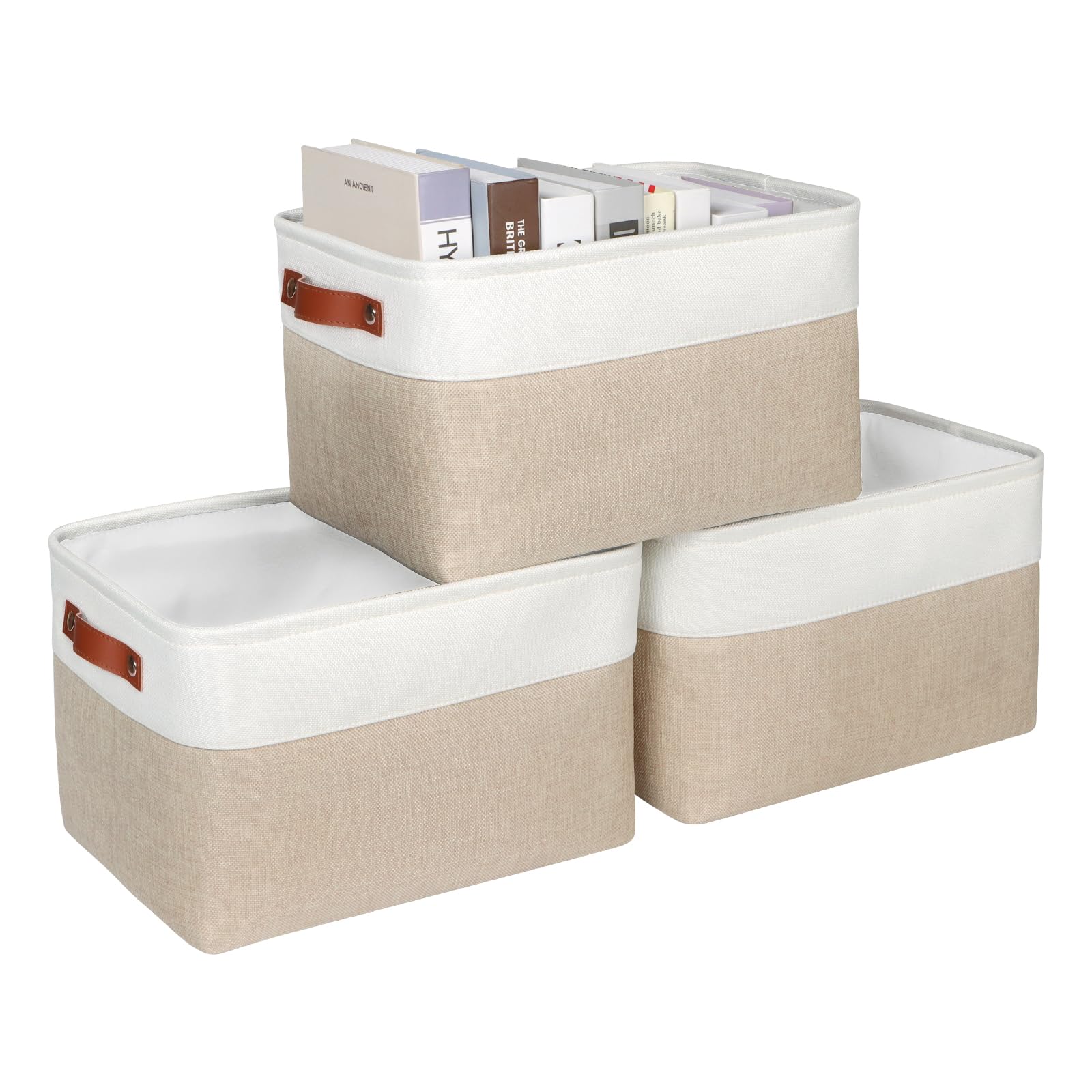 Syeeiex Fabric Storage Basket [3-Pack], Large Baskets with Leather Handles, Storage Baskets for Shelves, Foldable Baskets for Organizing Toys, Clothes, Office (White/Brown)