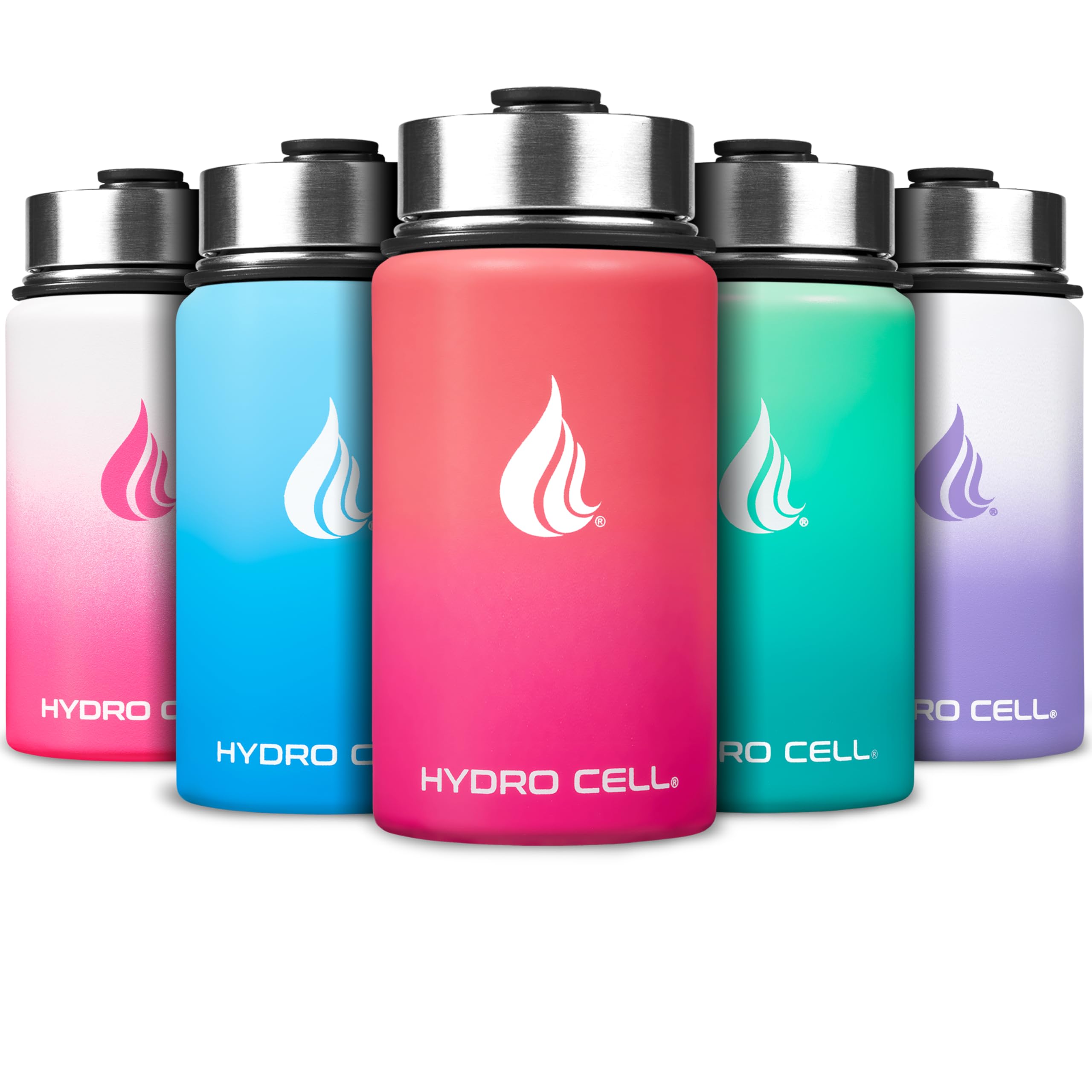 HYDRO CELL Stainless Steel Water Bottle w/Straw & Wide Mouth Lids (64oz 40oz 32oz 24oz 18oz 14oz) - Insulated Sweat Proof Sport Design (Coral/Punch - 14oz)