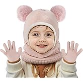 HONGTEYA Toddler Winter Hat Scarf Glove Set, Unisex Baby Kids Velvet Lined Knitted Hat with Neck Warmer for Cold Weather