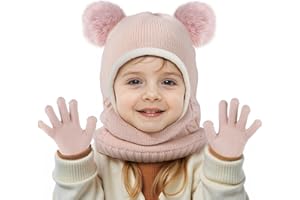 HONGTEYA Toddler Winter Hat Scarf Glove Set, Unisex Baby Kids Velvet Lined Knitted Hat with Neck Warmer for Cold Weather