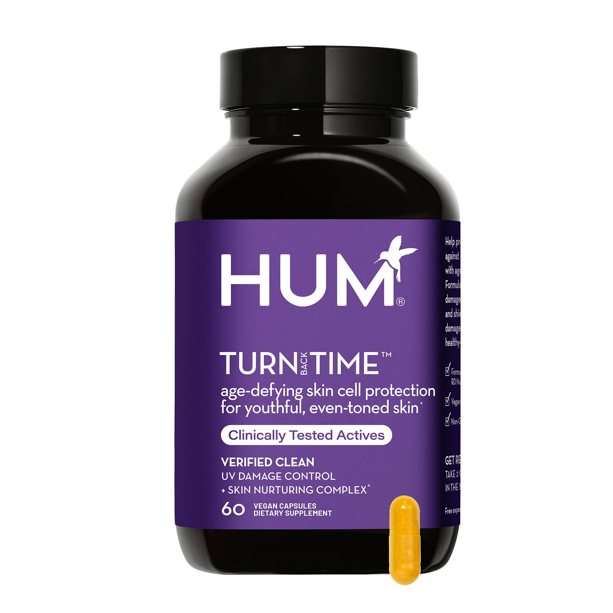 HUM Turn Back Time - Supplement for Youthful Skin with Tumeric, Green Tea Polyphenols & Lutein - Skin Anti Aging Capsules for Even Tone (60-Count)