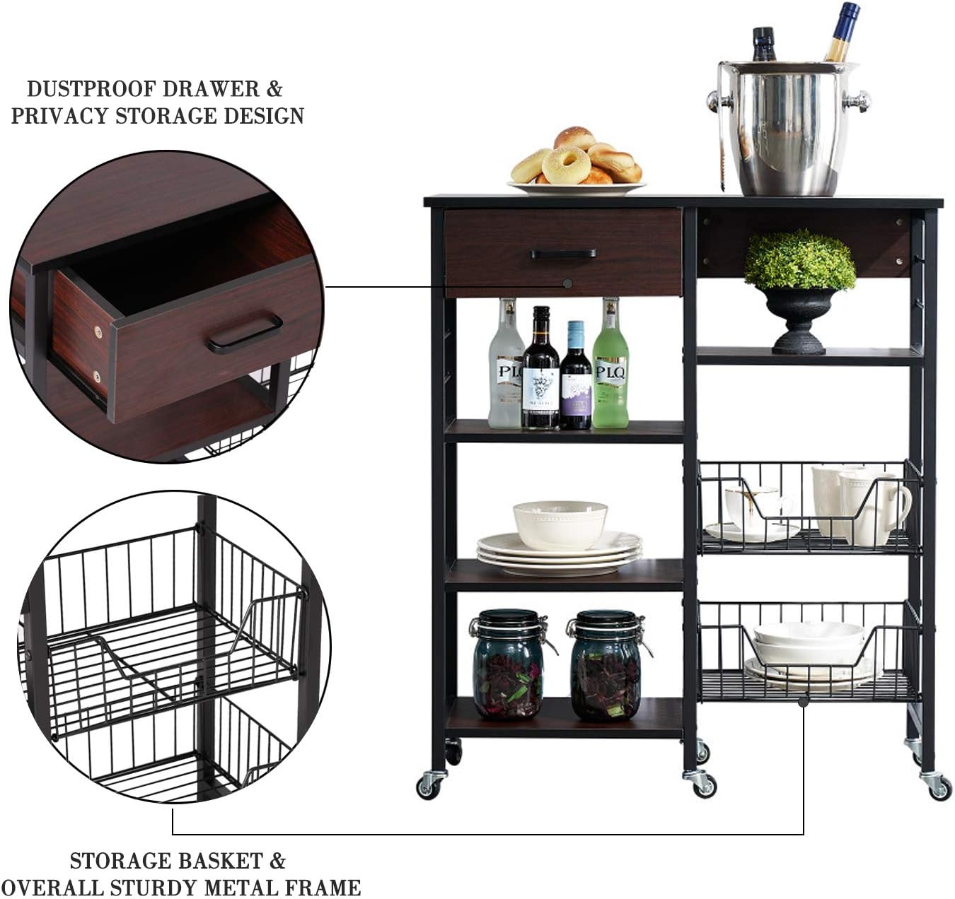 VECELO Kitchen Baker's Rack 36.6" Storage Shelf Organizer, Microwave Oven Stand, Utility Cart on Wheels, Black Walnut: Home & Kitchen
