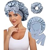 100% Mulberry Silk Bonnet for Women Hair Bonnet for Sleeping with Hair Scrunchy Elastic Tie Band Night Cap(Blue)