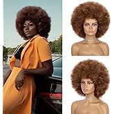 JSDshine Afro Wig For Women - Mix Brown 70s Afro Wigs Natural Looking Huge Afro Kinky Curly Wigs With Bangs Short Bouncy Soft Afro Puff Wig Synthetic Hair Afro Wig For Daily Party Use