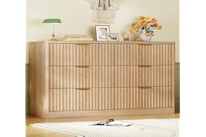 TEENFON Fluted 6 Drawer Dresser for Bedroom, Wide Modern Chest of Drawers with Metal Handle, Curved Profile Design, Wood Closet Clothes Storage Organizer for Bedroom, Living Room, Hallway, Natural