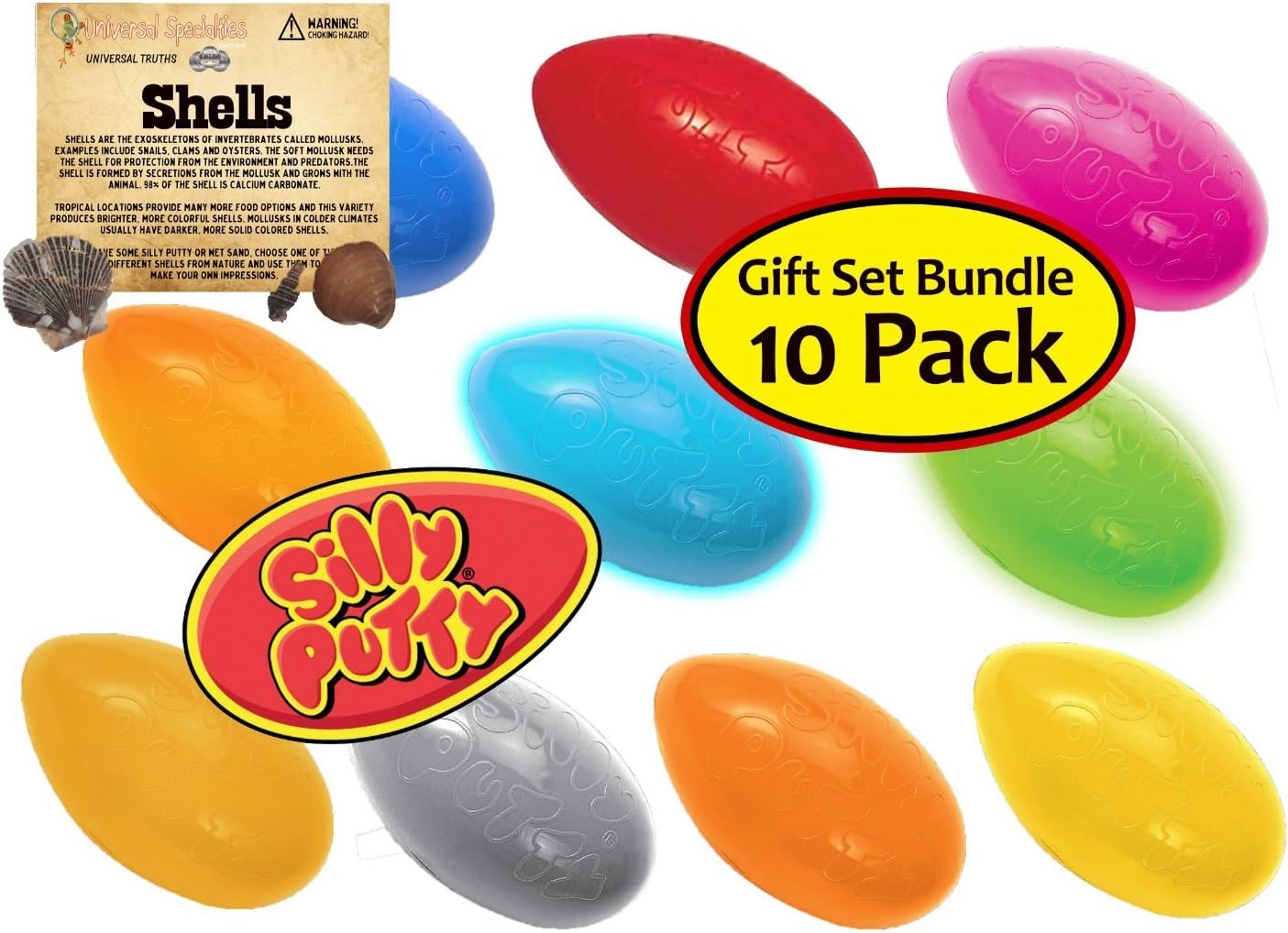 Universal Specialties Silly Putty Gift Set - 10 Pack Bundle Metallic Original Changeable Glow w/ T Samuel Impressions