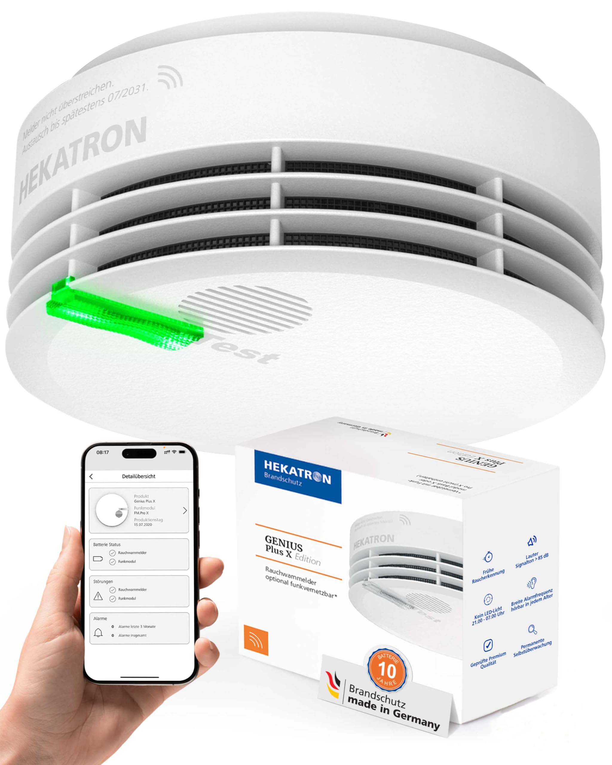 Hekatron Genius Plus X – Rauchmelder 10 Jahre Batterie – optional Funk vernetzbar – Testsieger Stiftung Warentest – Made in Germany – Funkrauchmelder – mehrsprachig – 1 Stück