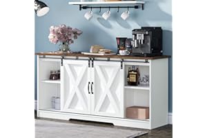 4 EVER WINNER Sideboard Buffet Cabinet with Sliding Barn Doors, 59” Buffet Cabinet Serve Table with Storage for Kitchen Dining Room, Farmhouse Coffee Bar Cabinet Station for Living Room, White
