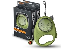 HAMINWAY Cheeky Imp Retractable Dog Leash | 13ft Nylon Tape with Auto-Locking, Ergonomic Handle | Durable, Stylish, Funny for Small and Medium Dogs up to 55 lbs, Green