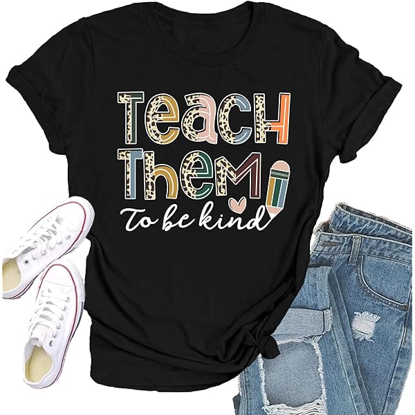 PICKID Funny Teacher T-Shirt For Women - Checkered 'Teach' Graphic Casual Short Sleeve Top - View #10