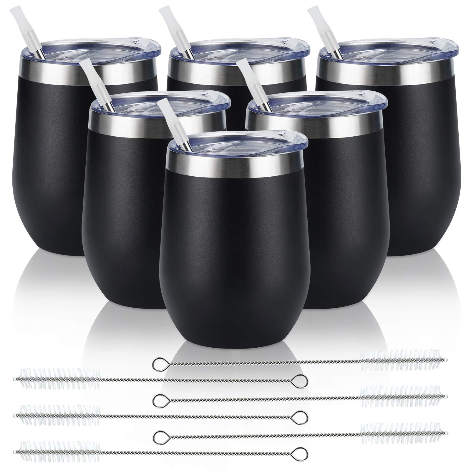 Photo 1 of 6 Pack Stainless Steel Wine Tumblers, 12Oz Insulated Wine Tumbler, Double Wall Insulated Wine Glass, Stainless Steel Stemless Wine Cups with Lids for Coffee, Wine, Cocktails, Champaign, Black…
