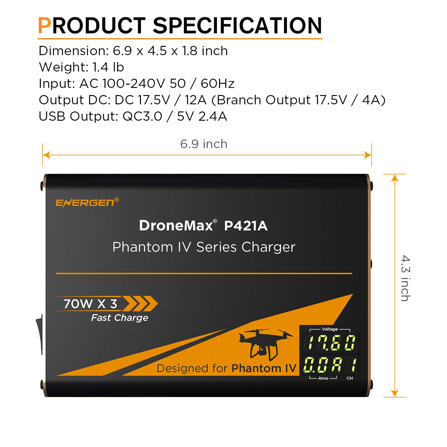 Energen DroneMax P421A Drone Battery Charger, DJI Phantom 4 / Advanced/Pro/Pro+ Accessories, Intelligent Fast Multi Battery Charging Hub Station (Charge 3 Batteries & 2 USB Ports Simultaneously): Industrial & Scientific