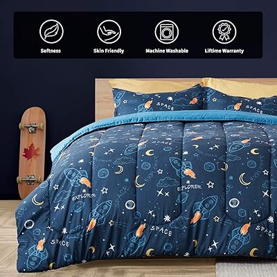 Buy Sleep Zone Kids Bed In A Bag Bedding Set Easy Care Microfiber Ultra Soft Comforter And Sheet Sets With Shams 7 Pieces Space Rocket For Boys Blue Full Queen Online In Indonesia B081v15ccn