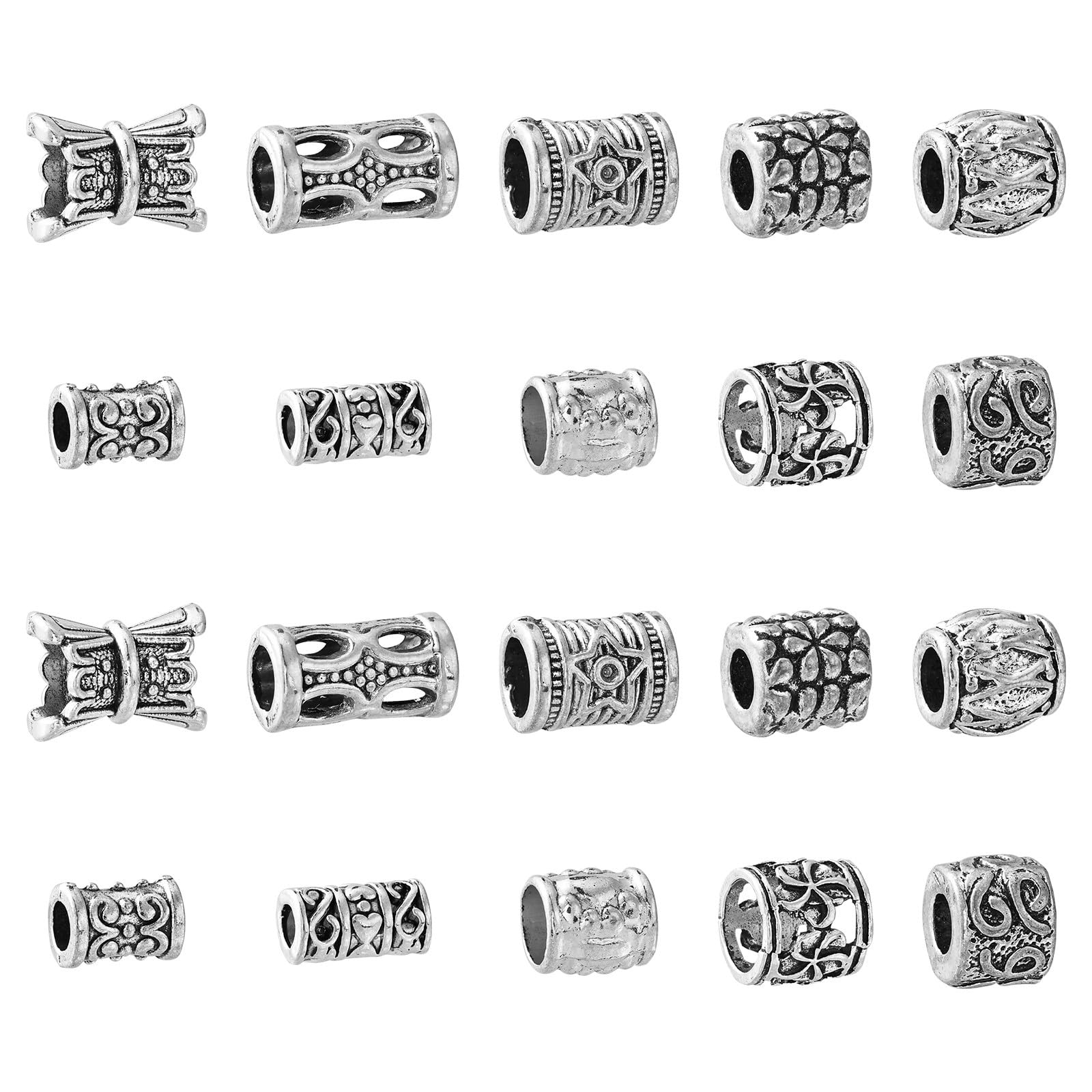 Stiesy 100Pcs 10 Styles Antique Silver Column Barrel Spacer Beads Vintage European Tibetan Macrame Large Hole Beads for Jewelry Making Hair Clasp Bracelet DIY