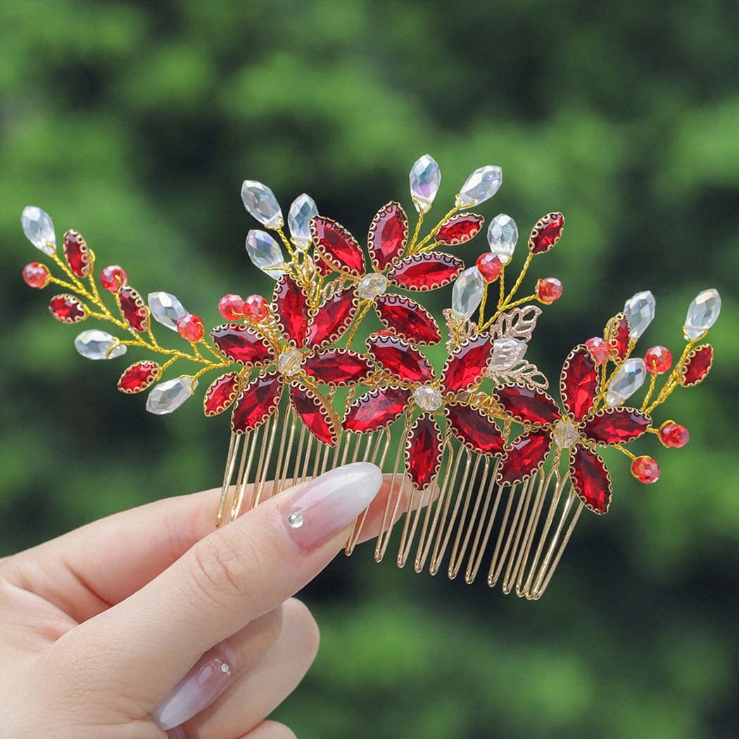 IYOU Bride Wedding Hair Comb Rhinestone Red Hair Piece Flower Prom Bridal Headpiece Accessories for Women
