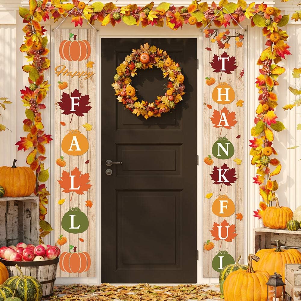 Yard Signs - Funnytree Happy Fall Thankful Themed Porch Sign Autumn Harvest Yard Banner Polyester Home House Garden Door Wall Hanging Decorations Windproof Backdrop Barn Thanksgiving Day Party Supplies 2pcs