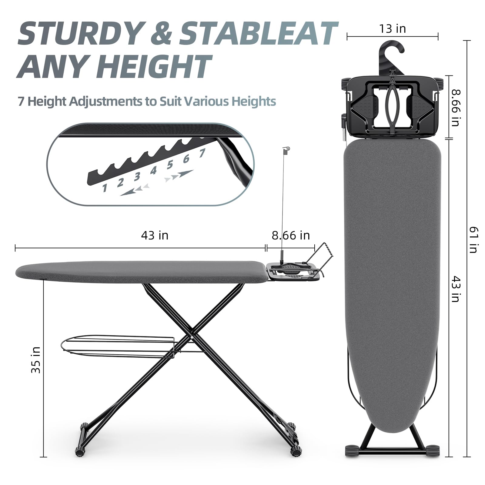 KINGBOARD Ironing Board, Compact Iron Board Full Size with Extra Thick Cover, 7 Adjustable Heights Stand with Hanger and Iron Rest, Large Heavy Duty Ironing Board with Storage Tray, 13x43 Black