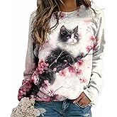 DMOYALA Cat Sweatshirt Women Cute Graphic Crew Neck Sweatshirts Casual Long Sleeve Lightweight Pullover Loose Shirts