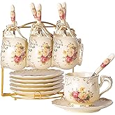 YOLIFE 8 OZ Flowering Shrubs Tea Cups and Saucers Set of 6, Ivory Ceramic Floral Teacups Set, Coffee Cups with Golden Rack