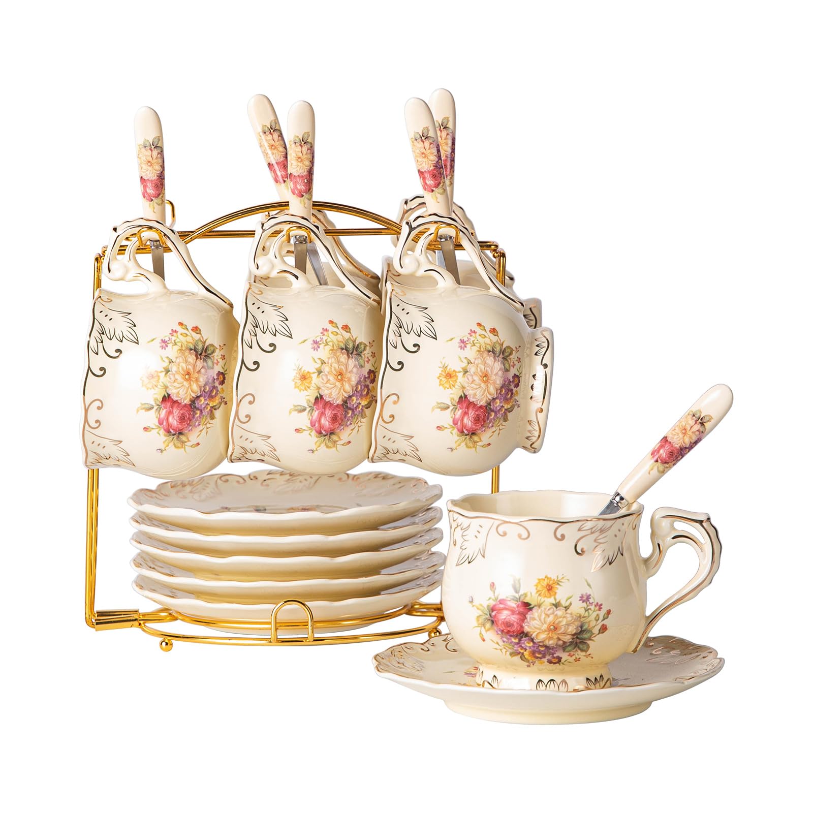 YOLIFE Tea Cup and Saucer Set of 6, 200ml Vintage Ivory Porcelain Cups Saucers Set with Gold Stand, Gift for Women