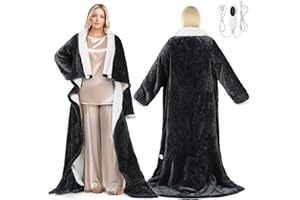 PASAMIC Electric Wearable Heated Blanket with Foot Pocket, Heated Blanket Wearable with Sleeves for Sofa, Flannel & Sherpa Electric Throw Blanket, 10 Heat Settings & 2-8H Auto Shut-Off, 50*70"+18", Dark Grey