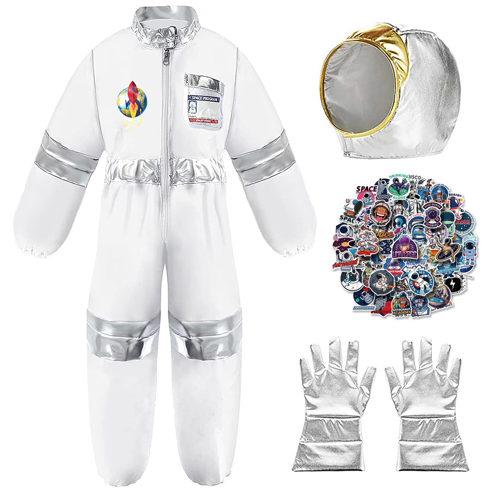 Amtum Astronaut Costume Kids Space Costume Kids with Jumpsuit Gloves Helmet Name card and 50 Pcs Astronaut Stickers Spaceman Role Play Outfit Set for Children Boys & Girls 9-10 Years/XL