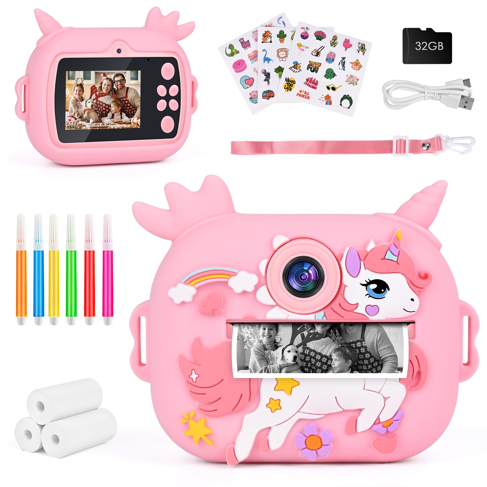 Children's Camera, Instant Camera, Digital Camera for Children with Printing Paper, 32G TF Card, 2.4 Inch Screen, 1080P Video Camera, Children, Instant Print, Christmas Gift for 3-12 Years