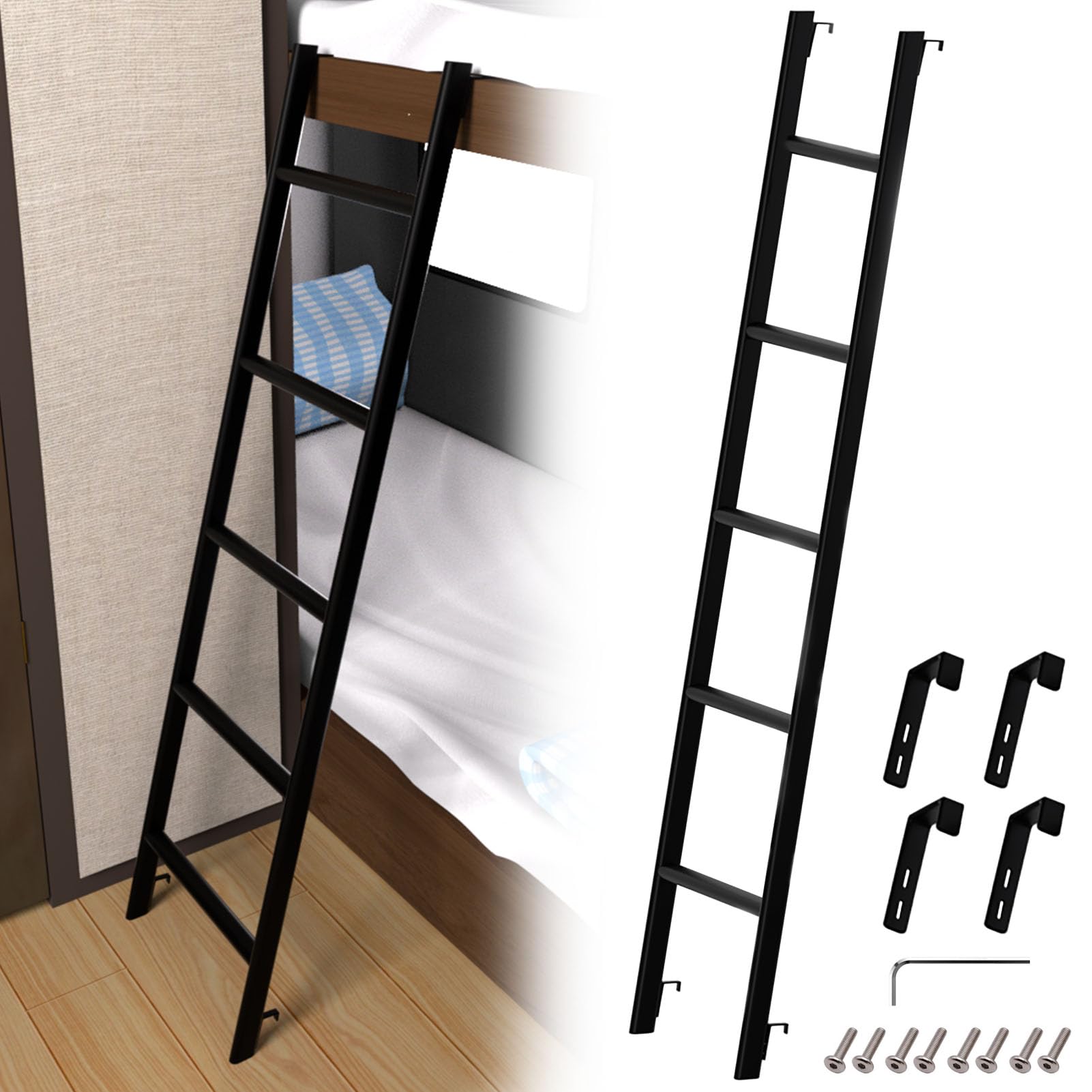 Photo 1 of RV Bunk Bed Ladder 45"/50"/55"/60"/66"/72'', Heavy Duty Travel Trailer Bed Ladders with 4 Hook and Foot Caps, Metal Twin Bed Step Ladder for Home Dorm Appartments, Load 330 LBS (60inch / 152cm, Black)