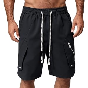 Men's Stylish Cargo Shorts Summer Beach Elastic Waist Drawstring Shorts with Zipper Pockets and Braided Strings