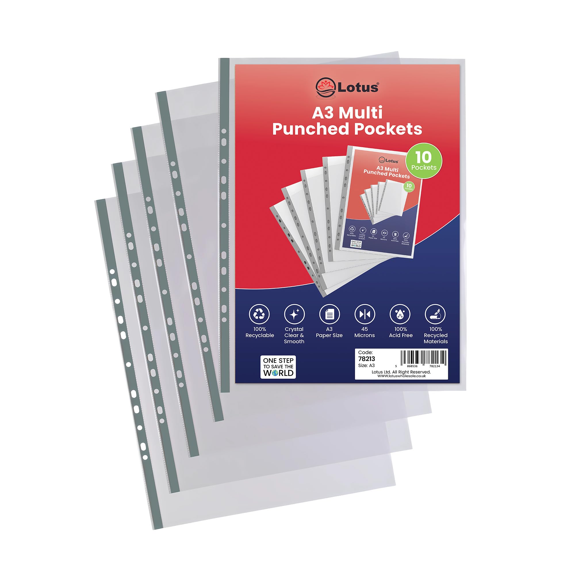 Lotus Premium A3 Portrait Punched Pockets - 90 Micron Transparent Poly Wallets|Crystal Clear, Heavy Duty Sheet Protector Sleeves for Documents, Presentations & Archival Storage-78213(Pack of 10 x 1)
