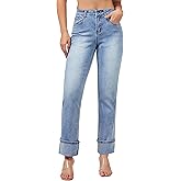 roswear Women’s Straight Leg Jeans High Waisted Boyfriend Stretchy Cuffed Denim Pants
